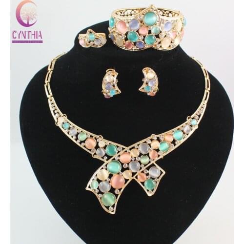 Austrian Crystal Circle Opal Peacock Jewelry Sets Gold Peacocks Necklace Earrings Bangle Ring Set For Women Party Gift