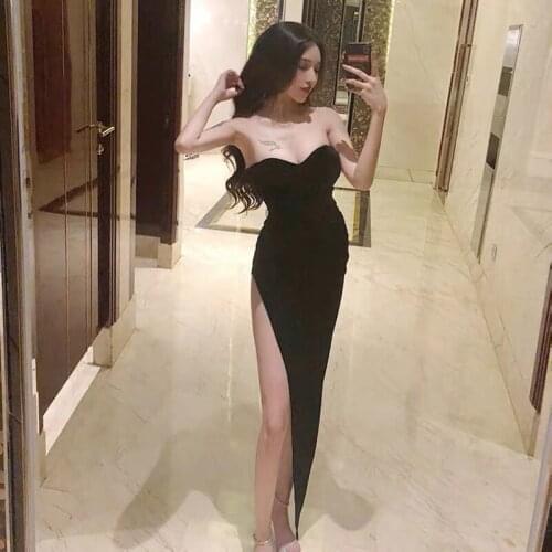Off-the-shoulder sleeveless tube top long dress feminine high slit velvet dress nightclub party irregular black long dress S602