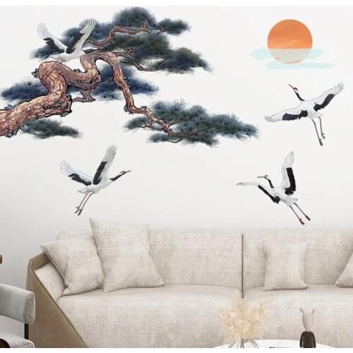 Ink Sunrise Wall Stickers White crane Home Office Decor Living Room Chinese Style Backdrop Art Mural Room Decoration Aesthetic