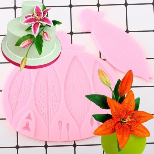 Lily Flower Leaf 2-piece Cake Border Fondant Mold Party Cupcake Topper Silicone Cake Decorating Tools Candy Clay Chocolate Molds