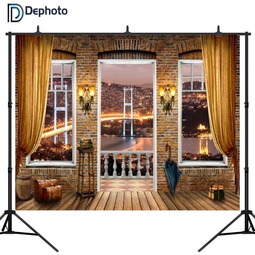 DePhoto Curtain Balcony Bridge City Night Scenic Portrait Photography Backgrounds vinyl Photographic Backdrops For Photo Studio