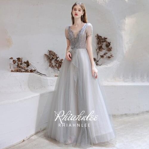 Dubai Grey Luxury V-Neck Sexy Evening Dresses 2021 Short Sleeve Beading A Line Evening Gowns Plus Size Rhiahnlee