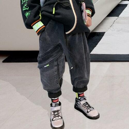 Autumn Winter Boys Jeans plus velvet Thicken Cowboy Childrens Denim pants Spring Autumn Korean Side Pocket Cotton Casual Pants