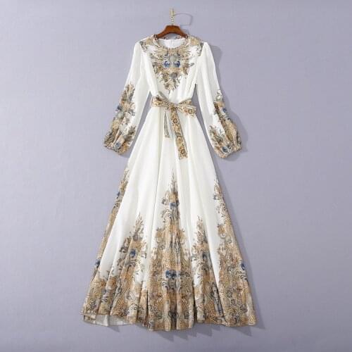 European and American womens wear 2020 summer new style Lantern sleeve long sleeve retro printing Lace-up fashion dresses