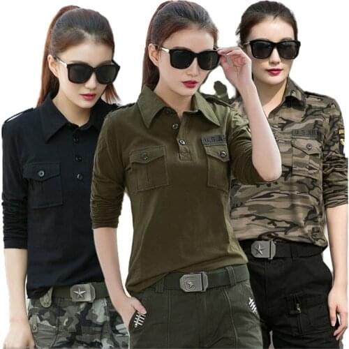 Military Camouflage Long Sleeved T-shirt Women Loose Casual Clothing Military Uniform Cotton Army Green tshirt Top