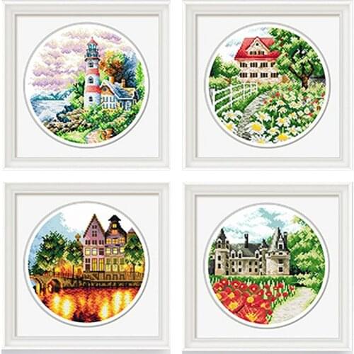 Cityscape Under Lights Beautiful Homeland Garden Scenic Lighthouse by The Sea Stamped Cross Stitch Kit