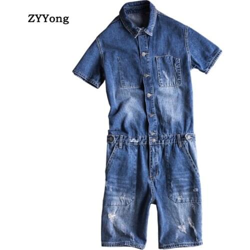 Summer Short-Sleeved Overalls Mens Denim Jumpsuit Hip-Hop Streetwear Alphabet Printing Casual Blue Jeans Short Pants