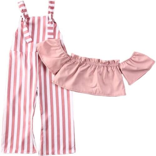 2020 2Pcs Kids Baby Girls Summer Clothes Set Pink Off Shoulder Top+Stripe Jumpsuit Overalls Bib Pants Outfits Clothing 6M-5Y