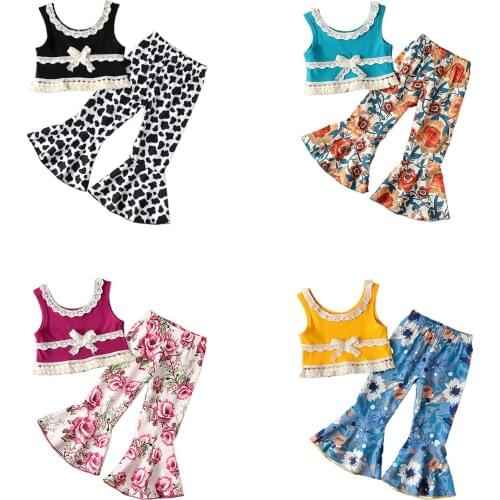 4 Colors Summer Kids Girls Sweet Clothes Sets Lace Ruffles Sleeveless Bow Tassel Vest Tops Printed Flare Pants 1-5Y