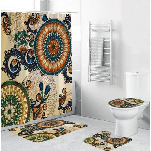 2020 Hot Waterproof Bohemian Printed Pattern Shower Curtain Bath Set Lid Mat Pedestal Mat Bathroom Curtains Rug Cover Toilet
