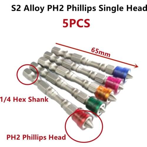 5Pcs S2 Alloy PH2 Phillips Single Head Magnetic Screwdriver Bits Anti-Slip 1/4 Inch Hex Shank Drywall Electric Screwdriver Set