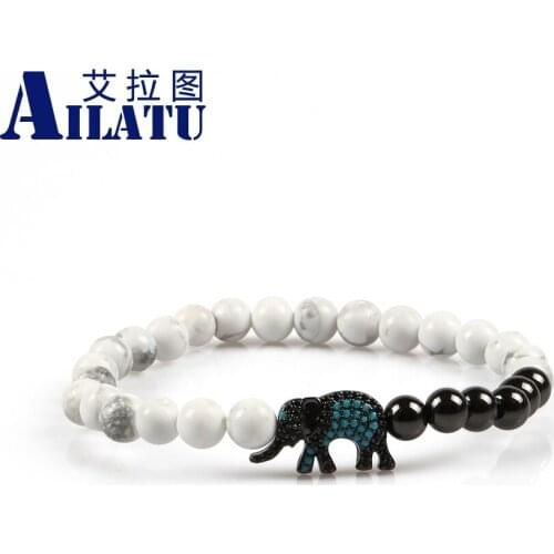 Ailatu Fashion Jewelry Micro Pave Cz Elephant Charm with 6mm White Howlite Stone Beads Bracelet