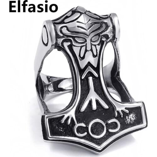 Mens Boys Stainless Steel Ring Norse Thunder God Viking Thors Hammer Rings Vintage Jewelry Size 8-13