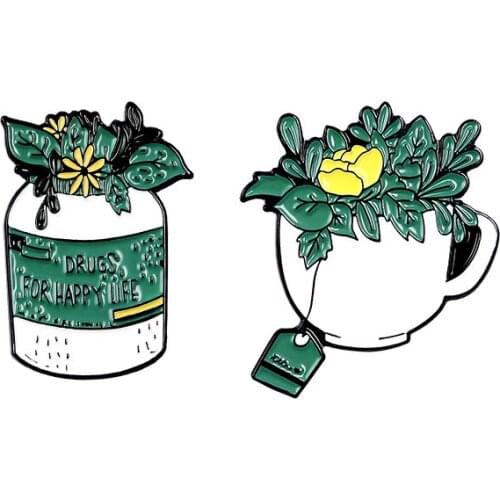 Cups set pins Yellow flower Lush leaves make Happy life enamel pins brooches Lapel pin badges Clothes bag Plant Jewelry gifts