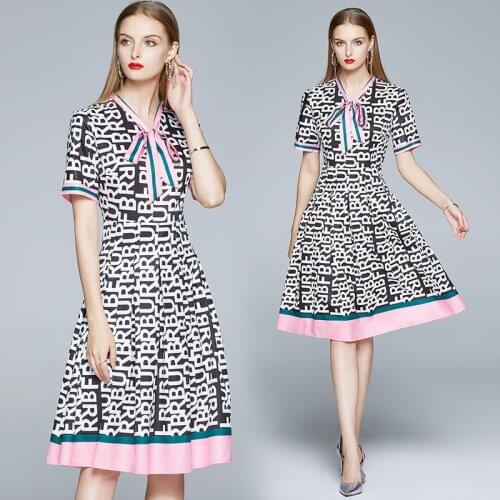 Summer Womens New Letter Print Bow Temperament Lady A- line Short-Sleeve Dress