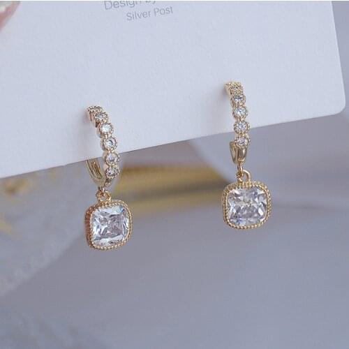New Fashion Brand Jewelry 14K Gold Plated Simple Style Stud Earrings for Women Gift Shining Zircon Square Earrings