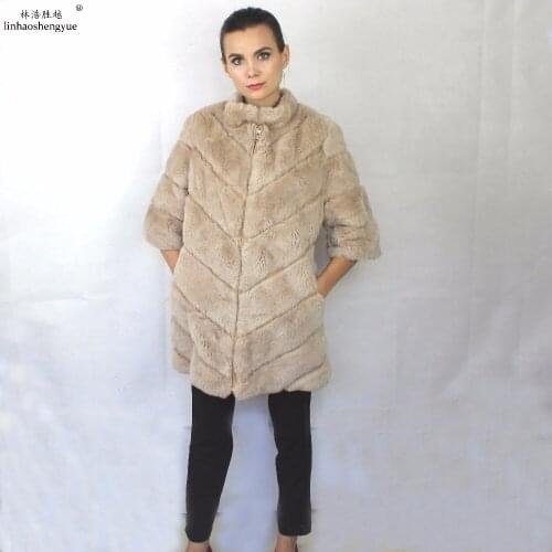 Linhaoshengyue Real Rex Rabbit Fur Women Coat Short Sleeve Winter Women Coat Stand Collar