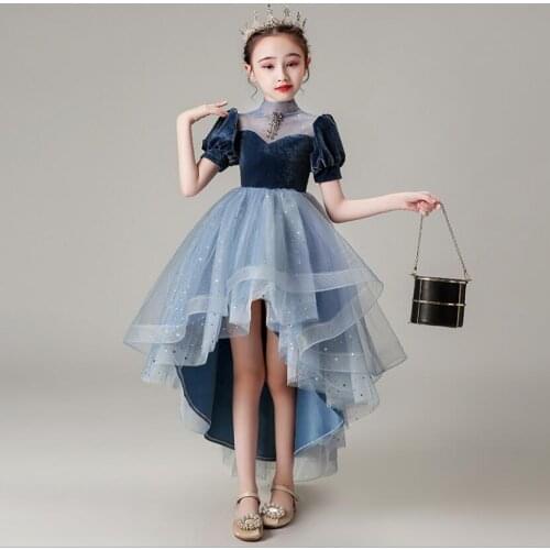 New Blue Princess Sequin Lace Kids Flower Girl Dresses For Wedding Party Formal Ball Gown Pageant Prom First Communion Clothes