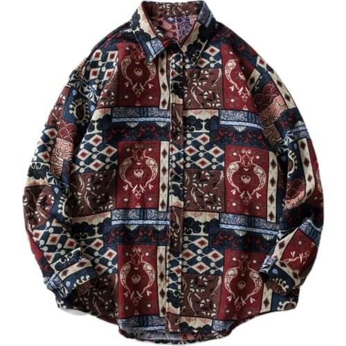 Hip Hop National Style Floral Pattern Knitted Shirt Retro Ethnic Embroidery Long Sleeve Shirts Harajuku Streetwear Button Shirt
