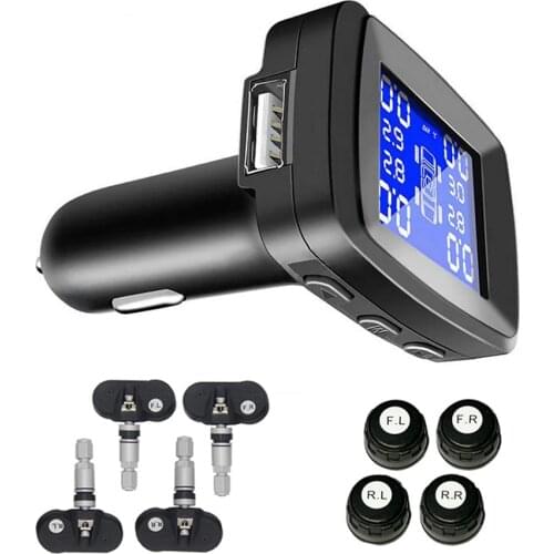 Tire Pressure Monitoring System Cigarette Lighter Plug TPMS LCD Screen Display 4 External Sensors Auto Tyre Alarm