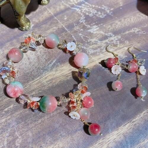 Sweet apple stone bracelet with shell flower bracelet and womens Austrian crystal jewelry bracelet and earrings set