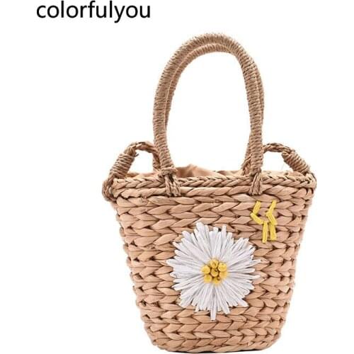 2021 New Straw Bag Women Hand-Woven Handbag Embroidery Flowers Totes Bohemia Style Travel Beach Shoulder Bag Small Size