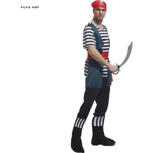 Skull scarf Stripe Men Halloween Pirate Costumes Adult Warrior Sailor Cosplay Carnival Purim parade Stage Role play Party dress