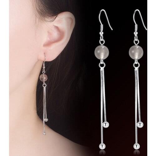 Womens Fashion Charming Long Drop Earrings With Chain Tassel Pendants Gray Opal Stone Elegant Dangle Earring Piercing Accessory