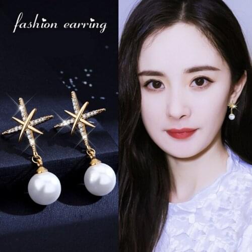 Fashion Gold&silver Color Earrings Delicate Cubic Zirconia Simulated Pearl Crsytal Star Dangle Earring for Women Boucle Femme