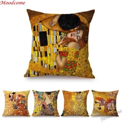 Gold Luxury Decorative Oil Painting Home Decorative Pillow Case Cover Gustav Klimt Gallery Collection Sofa Chair Cushion Cover