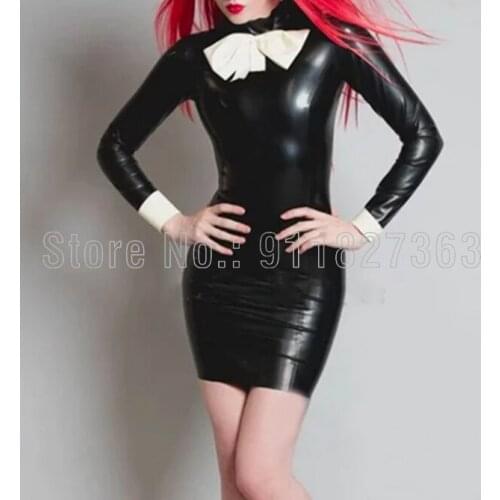 100% Natural Latex Dress w White Bowknot Long Sleeves with Back Zipper Rubber Dresses Mini Skirt Customized