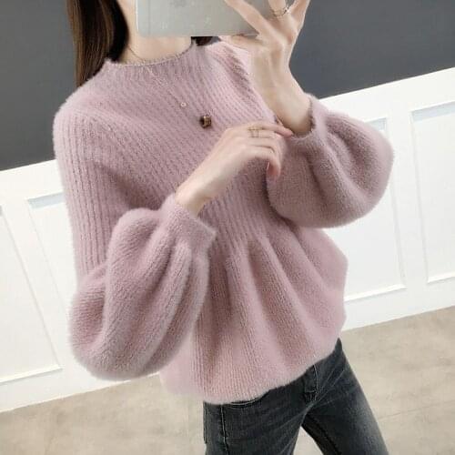 Women 2021 Spring Autumn Fashion Sweaters Casual Femme Knitwear Sweaters Lantern Sleeve O Neck Loose Knitted Pullover Tops A756