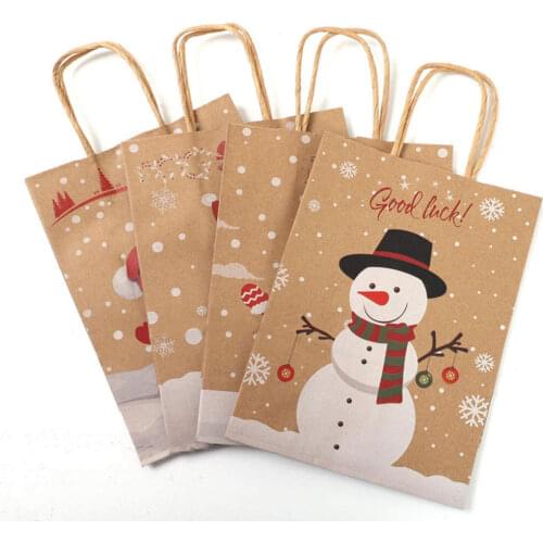 5pcs Merry Christmas Party Bags Kraft Brown With Handle Snowman Christmas Paper Candy Bag Birthday Wedding Party Decor