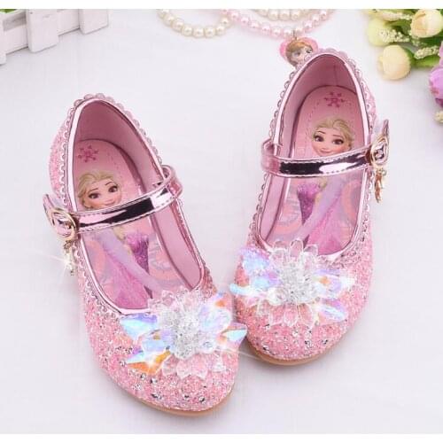 Disney Frozen Elsa Princess Girls Leather Crystal Shoes Glitter Casual High Heels Girls Sandals Pink Blue Silver Elsa Shoes