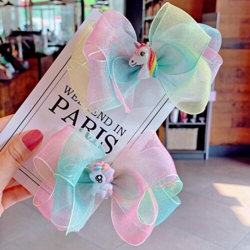 Europe and America Cross Border Hot Sales Rainbow Chiffon Unicorn Bow Barrettes Little Girl Headdress Hair Accessories Manufactu