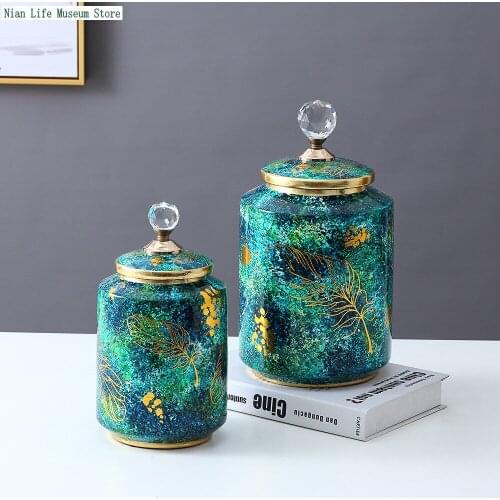 European Classical Ceramic Decorative Storage Jars Green Gilded Crafts Living Room Desktop Ornaments Nordic Home Decor Candy Jar