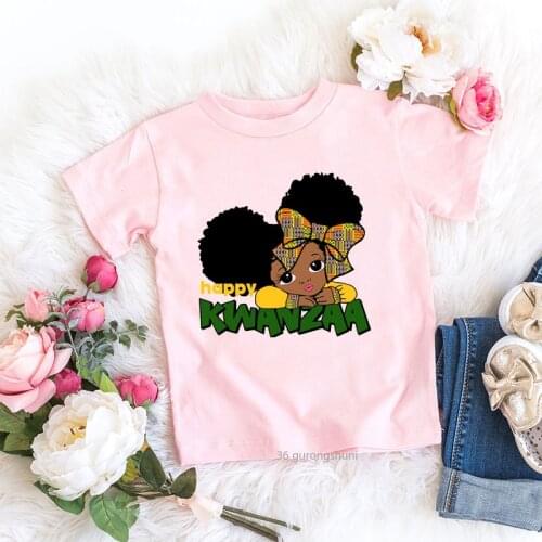 African Black Little Girls Kawaii Girls Pink T-shirt Wearing A Hat Graphic Summer Harajuku Sisters Clothing Girls T Shirt Tops