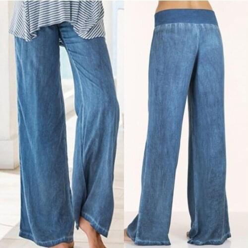 Summer Casual Loose Solid Long Denim Pants Elastic Waist Mid Waist Pleated Wide Leg Pants Plus Size 5XL elastic waist