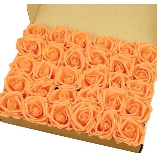 MACTING Artificial Flowers Roses, 30pcs Real Touch Artificial Foam Roses with Stems for Wedding, Home Decor, Orange