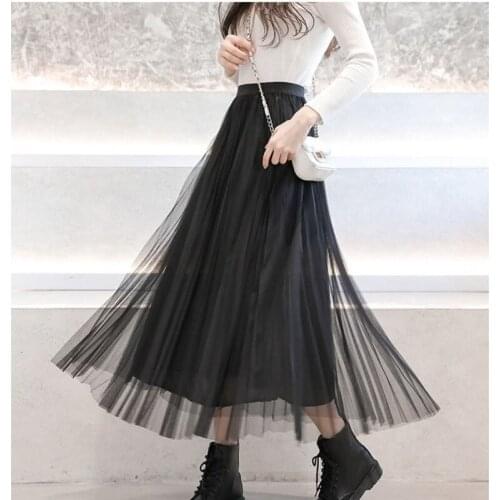 Gauze Skirt Womens Summer Pleated Fairy Mini Dress High Waist Medium Length A-line Big Swing Korean Fashion Solid Color Skirts