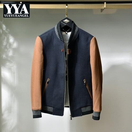 Fashion Casual Slim Medium Thickness Wool Mens Short Jacket O-Neck Spliced Pockets Button Woolen Cloth Zippers Outerwear