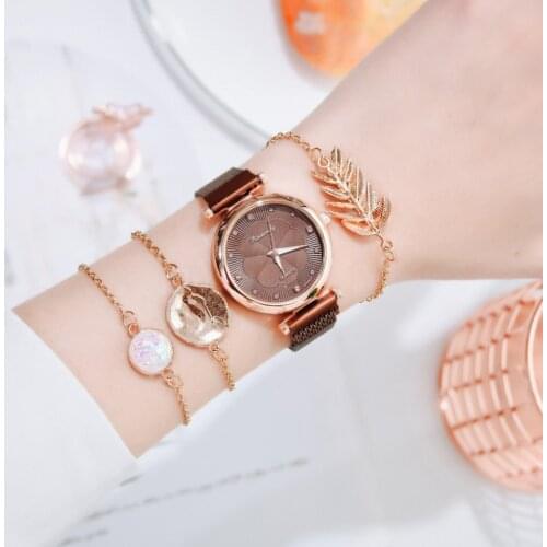 Fashion 2pcs Set Women Watches Luxury Magnet Buckle Flower Rhinestone Watch Ladies Quartz Wrist Watch Bracelet Set Reloj Mujer