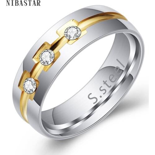 NIBASATR 6MM Stainless Steel Gold Silver Color 3pcs AAA Cubic Zirconia Women Wedding Ring Jewelry Gift