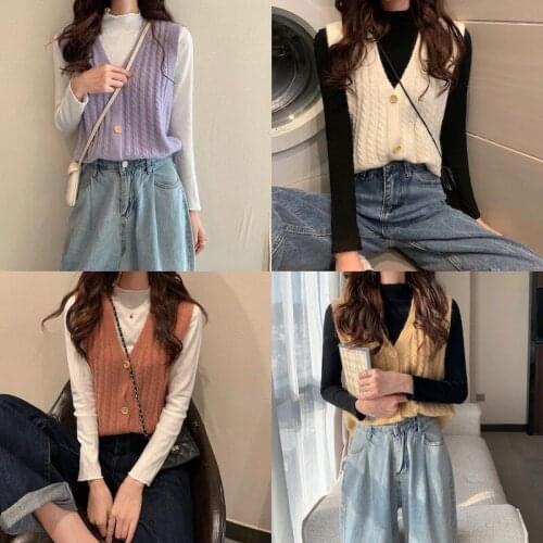 Single Breasted Women Ladies Sweater Vest VD1555 Knitted Black White V Neck Warm Autumn Vest Tops