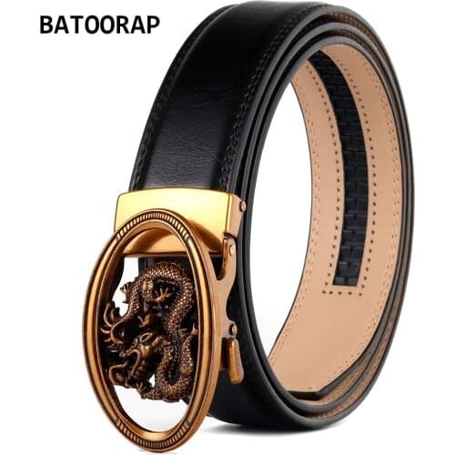 BATOORAP Black Waist Strap Male Vintage Gold Dragon Buckle Metal Casual Leather Belt For Men Fashion Ratchet Trouser Belts BA202