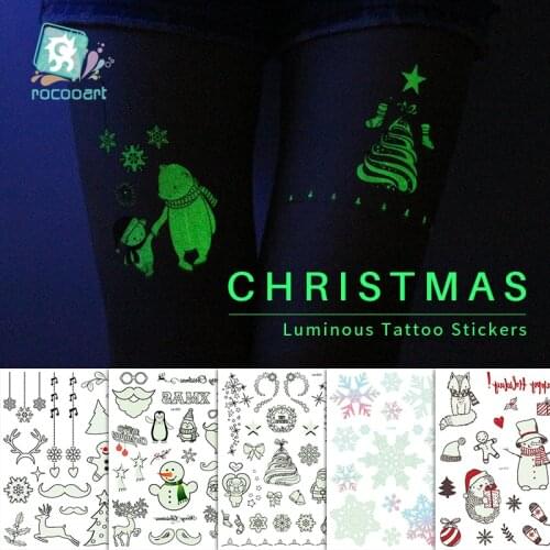 Rocooart Glowing Christmas Tattoo Stickers Luminous Temporary Tattoo Winter Snow Cartoon Tattoo Snata Fake Tatoo For Children