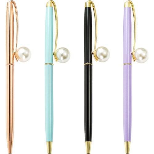 50Pcs/lot New Style Pearl Ballpoint Pen Metal Material Rotate Ballpen School Office Students Gift Stationery Black Blue ink