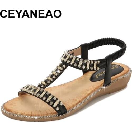 CEYANEAOFashion Summer Women Roma Slippers Sandals Female Rhinestone Decoration Shose Ladies Breathable Comfortable Flat Sandals