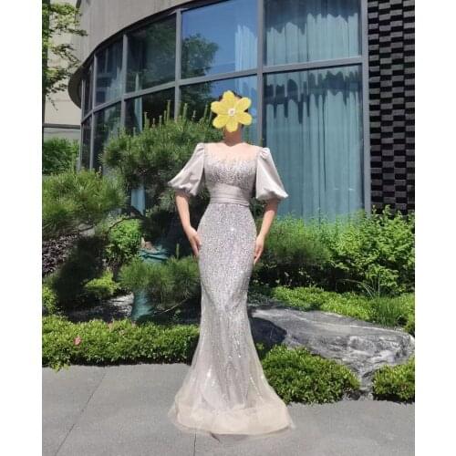 Silver Gowns Fashion Ladies Mermaid Puff Sleeves Eveningdress O-Neck Luxury Dress for Party Formal Dresses for Wedding With Belt