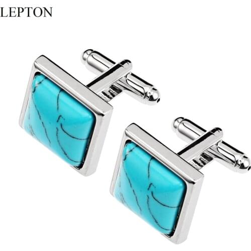 LEPTON Synthetic Turquoises Stone Cufflinks for Mens Shirt Cuffs Cufflink Fashion Women Cuff links Relojes gemelos Best Gift